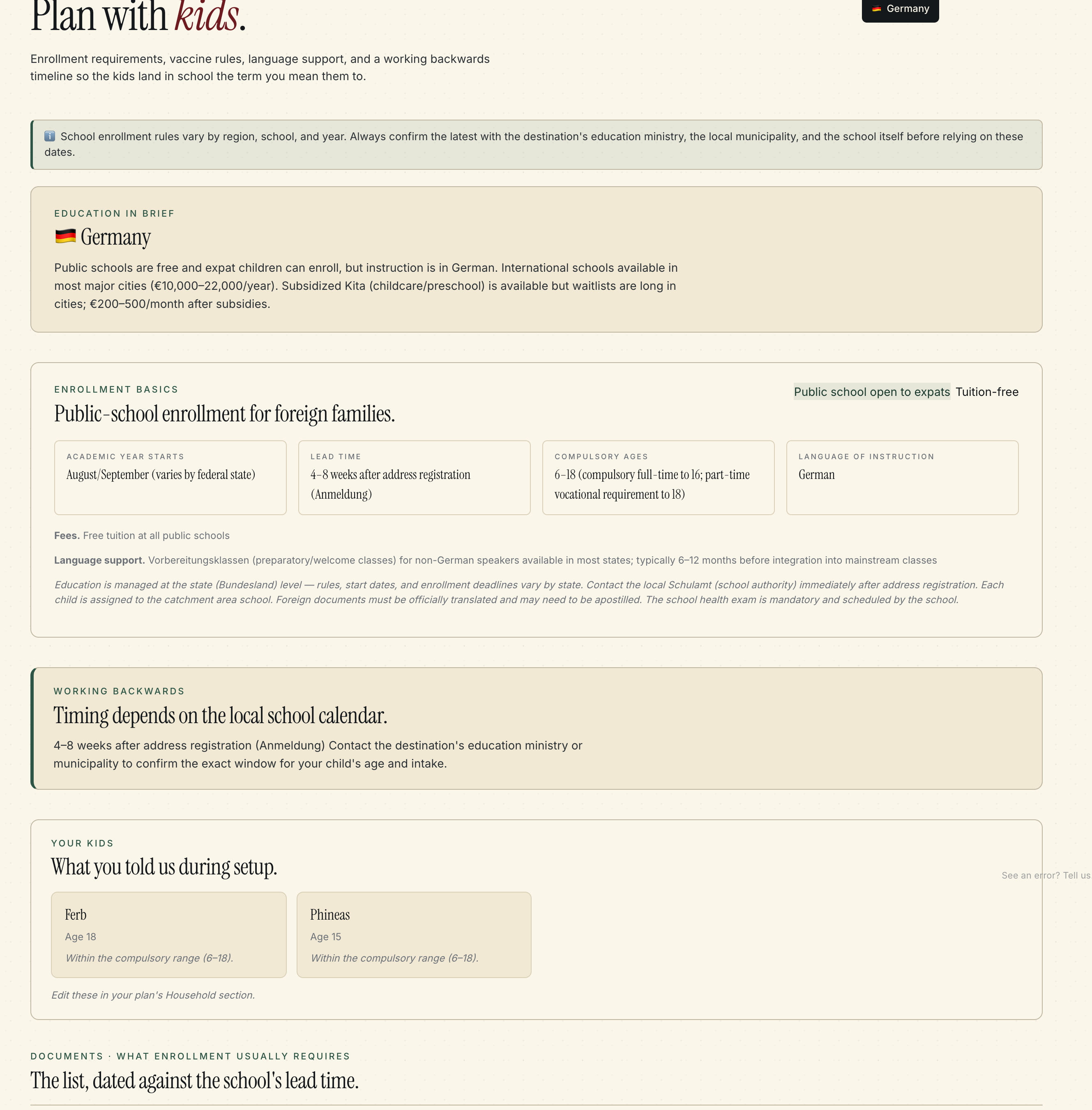 Compass Education — Germany, Plan with kids, enrollment basics, working backwards from move date