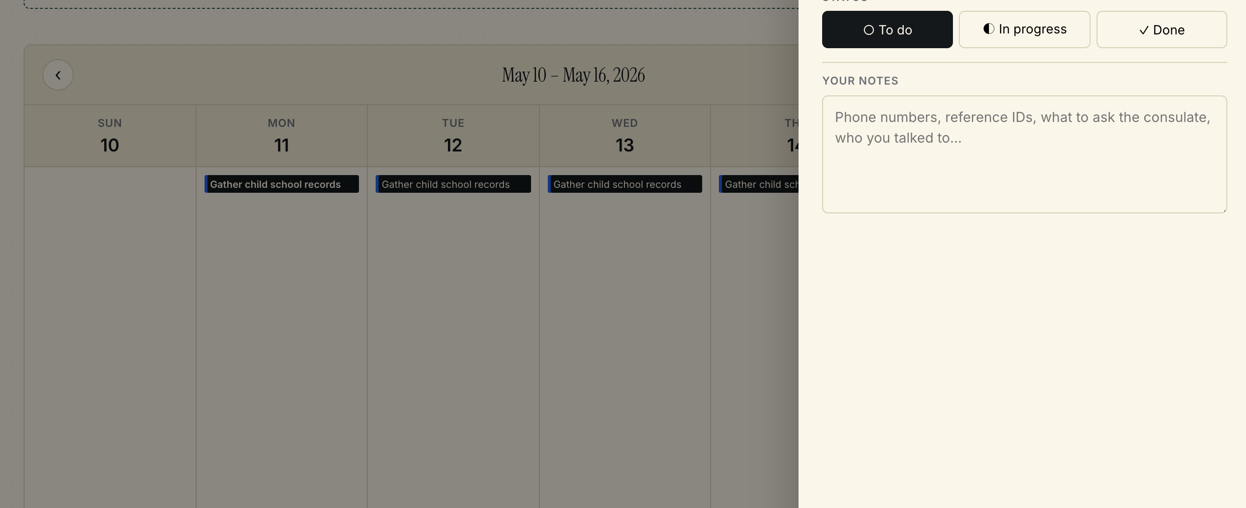 Compass Planner — task card drawer showing status buttons, due date, and notes field for a school records task